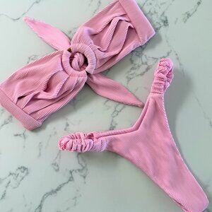 Kulani Kinis Ribbed Bandeau + Thong Bikini SET - Pink - Size Medium